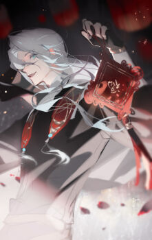  1boy :d absurdres aqua_eyes black_gloves black_robe boneless_carp_(the_tale_of_food) cape chinese_commentary commentary_request curtained_hair dao_fu doufang falling_petals fang fingerless_gloves from_side gloves good_fortune_symbol hair_between_eyes hair_over_shoulder highres holding lantern long_hair long_sleeves looking_at_viewer low_ponytail male_focus night open_mouth paper_lantern parted_bangs petals ponytail red_cape robe sideways_glance smile solo tassel teeth the_tale_of_food upper_body upper_teeth_only white_hair yichun583 