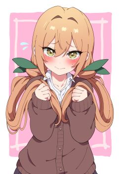  1girl absurdres blush border brown_cardigan cardigan closed_mouth collared_shirt commentary_request flying_sweatdrops harurukan highres holding holding_own_hair inda_karane kimi_no_koto_ga_dai_dai_dai_dai_daisuki_na_100-nin_no_kanojo long_hair long_sleeves looking_at_viewer ohananomitsu_high_school_uniform orange_hair outside_border pink_background school_uniform shirt solo twintails upper_body white_border white_shirt yellow_eyes 