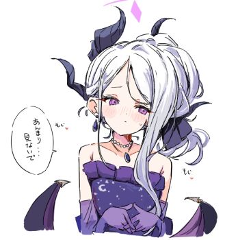  blue_archive blush breasts commentary_request demon_girl demon_horns demon_wings dress earrings elbow_gloves gloves halo hina_(blue_archive) hina_(dress)_(blue_archive) horns jewelry long_hair low_wings necklace pendant purple_dress purple_eyes purple_gloves simple_background small_breasts upper_body white_background white_hair wings youbi_(0ver_sd) 