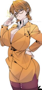  1girl black_pantyhose bracelet breasts brown_eyes brown_hair brown_jacket brown_skirt cleavage collarbone earrings glasses hand_on_own_hip jacket jewelry kinakomochi_(user_vedc2333) large_breasts long_sleeves looking_at_viewer nami_(one_piece) one_piece pantyhose pencil_skirt shirt short_hair skirt sparkle standing teacher white_background white_shirt 