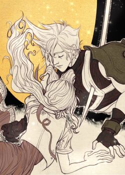  1boy 1girl aerith_gainsborough armor artist_name black_gloves black_shirt bronzeyolk closed_eyes cloud_strife commentary couple cropped_jacket dress earrings english_commentary final_fantasy final_fantasy_vii fingerless_gloves floral_print gloves hair_between_eyes hand_on_another's_cheek hand_on_another's_face hetero highres jewelry limited_palette long_dress long_hair masamune_(ff7) parted_bangs parted_lips pauldrons shirt short_hair short_sleeves shoulder_armor sidelocks single_earring single_pauldron sleeveless sleeveless_turtleneck stab turtleneck upper_body 