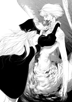  2girls absurdres arms_around_neck bare_shoulders black_dress black_hood black_sleeves blood blood_on_face breasts centauroid closed_eyes detached_sleeves dress dungeon_meshi falin_touden falin_touden_(chimera) feathered_wings feet_out_of_frame fur-trimmed_sleeves fur_trim greyscale highres hood hood_up landtower03 long_hair marcille_donato marcille_donato_(lord) medium_breasts monochrome monster_girl multiple_girls screentones short_hair taur white_background wings yuri 