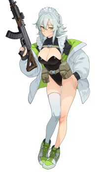 1girl :/ absurdres ak-47 assault_rifle belt belt_pouch black_leotard breasts brown_belt chest_belt closed_mouth collared_shrug comiket_107 commentary english_commentary full_body gluteal_fold green_eyes green_jacket grey_hair grey_jacket gun hair_between_eyes hand_on_own_hip high_tops highleg highleg_leotard highres holding holding_gun holding_weapon jacket kalashnikov_rifle kuso_otoko large_breasts laser_sight leotard long_sleeves looking_at_viewer maid_headdress multicolored_jacket nike_(company) off_shoulder open_clothes open_jacket original pouch puffy_long_sleeves puffy_sleeves rifle sharps_bros_mb47 shoes short_hair shrug_(clothing) sidelocks single_thighhigh smile sneakers solo standing thighhighs trigger_discipline two-sided_fabric two-sided_jacket two-tone_jacket weapon white_background white_thighhighs 