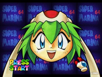  1girl :d android artist_name blue_background blue_eyes character_name copyright_name cropped_head cursor disembodied_hand disembodied_head english_text fake_screenshot gameplay_mechanics gloves green_hair hair_between_eyes head_only linker looking_at_viewer marina_liteyears mario_(series) nintendo open_clothes open_mouth parody red_gloves short_hair smile solo super_mario_64 teeth text_background title_parody upper_teeth_only yuke_yuke!!_trouble_makers yukkuri_shiteitte_ne 