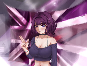  1girl amelia_(pathways) black_choker blunt_bangs blush bra bra_visible_through_clothes breasts choker cleavage clip_studio_paint_(medium) commentary crop_top english_commentary finger_gun flag_background flag_wristband highres ironed465 large_breasts long_sleeves midriff mole mole_under_eye navel pathways_(game) pink_lips purple_eyes purple_hair purple_shirt purple_theme shirt short_hair single-shoulder_shirt solo toned underwear union_jack upper_body white_bra wristband 
