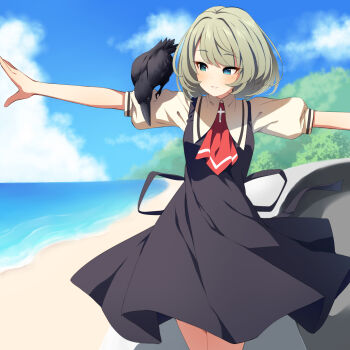  1girl air_(visual_novel) animal animal_on_arm bird black_dress blue_eyes blue_sky blush cloud commentary_request cosplay day dress green_eyes green_hair heterochromia highres horizon idolmaster idolmaster_cinderella_girls kamio_misuzu kamio_misuzu_(cosplay) mole mole_under_eye ocean outdoors outstretched_arms parted_lips puffy_short_sleeves puffy_sleeves revision school_uniform shirt short_sleeves sky sleeveless sleeveless_dress solo spread_arms takagaki_kaede uccow water white_shirt 
