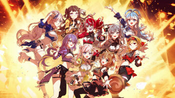  6+girls airani_iofifteen anya_melfissa ayunda_risu blonde_hair blue_eyes blue_hair blush breasts brown_hair commentary dress english_commentary hair_between_eyes highres hololive hololive_idol_uniform_(color_rise) hololive_indonesia kaela_kovalskia kobo_kanaeru kureiji_ollie long_hair long_sleeves moona_hoshinova multicolored_hair multiple_girls open_mouth pavolia_reine purple_hair red_eyes red_hair sakon04 shirt short_hair skirt smile streaked_hair vestia_zeta virtual_youtuber yellow_eyes 