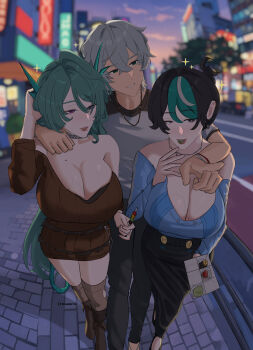  1boy 2girls absurdres arm_around_shoulder bare_shoulders black_hair black_pants black_shoes black_skirt blue_sweater boots breasts brown_boots brown_thighhighs cecilia_(zenless_zone_zero) city cleavage dating dress earrings eating evening ficoemirrio fins fisheye food girl_sandwich green_eyes green_hair green_tail grey_hair grey_shirt hair_between_eyes hair_bun head_fins highres holding holding_food huge_breasts jewelry long_hair long_skirt long_sleeves looking_at_another mole mole_on_breast mole_under_mouth multicolored_hair multiple_girls necklace off-shoulder_sweater off_shoulder orchidea_(zenless_zone_zero) outdoors pants parted_lips pointing purple_eyes raglan_sleeves sandwiched shirt shoes short_dress short_hair skirt smile sparkle streaked_hair sushi sweater sweater_dress thighhighs veins veiny_breasts very_long_hair walking wise_(zenless_zone_zero) zenless_zone_zero 