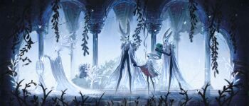  2girls 3boys ? alternate_costume alternate_height armor black_eyes black_skin bug butterfly caterpillar cloak closed_eyes colored_skin commentary english_commentary full_body grey_cloak grub_(hollow_knight) height_difference highres holding_bug holding_hands hollow_eyes hollow_knight hollow_knight_(character) horned_mask hornet_(hollow_knight) insect knight_(hollow_knight) looking_at_another mask multiple_boys multiple_girls na_chloridee no_humans pale_king_(hollow_knight) pillar plant pure_vessel red_cloak shoulder_armor signature spot_color standing white_butterfly white_lady_(hollow_knight) wide_shot 