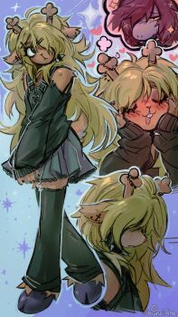  2girls alternate_costume an-coinin animal_ear_piercing animal_ears animal_nose antlers bare_shoulders black_eyes black_leggings black_nails black_sweater blonde_hair blue_background blush buck_teeth commentary cross cross_necklace deer_ears deer_tail deltarune detached_leggings detached_sleeves english_commentary freckles full_body grey_skirt hair_ornament hair_over_one_eye hairclip heart highres horns imagining jewelry lace lace-trimmed_skirt lace_trim leggings multiple_girls multiple_views nail_polish necklace noelle_holiday own_hands_together parallel_hairclips pleated_skirt reindeer_antlers reindeer_girl skirt sleeves_past_wrists solo_focus sparkle speech_bubble spoken_character susie_(deltarune) sweater tail teeth thought_bubble twitter_username utdr_(toby_fox) v_arms yuri 