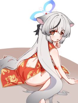  1girl animal_ear_fluff animal_ears ass back_cutout bare_arms barefoot black_streaks blue_archive blue_halo blush brown_background brown_eyes china_dress chinese_clothes clothing_cutout dimples_of_venus dress from_behind from_side grey_hair hair_between_eyes half_updo halo hand_up kokona_(blue_archive) leaning_forward long_hair looking_at_viewer looking_back multicolored_hair open_mouth raised_inner_eyebrows red_dress simple_background single_hair_streak sitting sleeveless sleeveless_dress solo straight_hair streaked_hair very_long_hair wariza white_background yukine_sama 