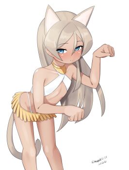 1girl absurdres alternate_costume ancient_egyptian_clothes animal_ears blue_eyes cat_ears cat_tail criss-cross_halter dark-skinned_female dark_skin extra_ears feet_out_of_frame flat_chest grey_hair halterneck highres javelin_(kancolle) kantai_collection loose_hair_strand maru_(marg0613) one-hour_drawing_challenge paw_pose pink_skirt pretzel_bikini simple_background skirt solo tail white_background 