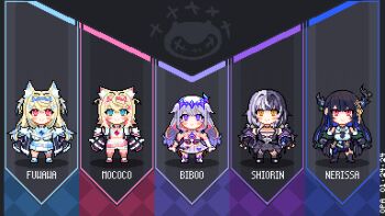  5girls blonde_hair blue_eyes chibi chibi_only chineseninja commentary dated english_commentary fuwawa_abyssgard grey_hair hololive hololive_english horns koseki_bijou lineup long_hair mococo_abyssgard multicolored_hair multiple_girls nerissa_ravencroft orange_eyes pink_shorts pixel_art purple_eyes red_eyes shiori_novella shorts split-color_hair virtual_youtuber 