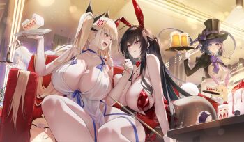  4girls :p anger_vein angry animal_ear_hairband animal_ears aquna azur_lane ball beer_mug billiard_ball black_hair blonde_hair blush bottle bow bowtie breasts brown_pantyhose cake cheshire_(azur_lane) cheshire_(the_cat_in_the_magic_hat)_(azur_lane) cleavage cue_stick cup dress drinking_glass fake_animal_ears food fork formidable_(anniversary_memories)_(azur_lane) formidable_(azur_lane) fruit gainoob hairband hand_on_another's_shoulder hands_up highres holding holding_cue_stick holding_fork holding_tray huge_breasts janus_(a_lesson_in_billiards)_(azur_lane) janus_(azur_lane) large_breasts leotard long_hair looking_at_viewer manjuu_(azur_lane) mug multiple_girls open_mouth pantyhose plate playboy_bunny pool_table rabbit_ear_hairband rabbit_ears red_bow red_bowtie red_eyes red_leotard red_nails short_hair signature sitting smile standing strapless strapless_leotard strawberry table taihou_(azur_lane) taihou_(fun_on_the_baize)_(azur_lane) tongue tongue_out tray undersized_breast_cup very_long_hair white_dress white_hair wine_bottle wine_glass 