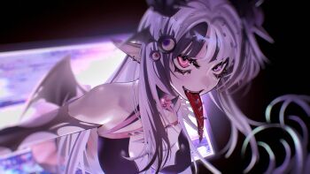  1girl barbed_tongue bare_shoulders bat_wings black_bra black_streaks bra breasts commentary ear_piercing english_commentary euntae hair_bun hair_sprinkles heart_hair_bun heterochromia highres indie_virtual_youtuber large_breasts long_hair long_tongue looking_at_viewer multicolored_hair open_mouth piercing pink_eyes pointy_ears purple_eyes purple_hair second-party_source smile solo spikes sprinkle_hershy sprinkles streaked_hair through_medium through_screen tongue tongue_out underwear virtual_youtuber wings wispy_bangs 