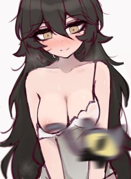  1girl areola_slip bikini black_hair blurry blush breasts closed_mouth collarbone convenient_censoring embarrassed grimmi_(vtuber) hair_between_eyes heavy_breathing highres indie_virtual_youtuber long_hair m_r_b medium_breasts no_bra one_breast_out simple_background solo sweatdrop swimsuit very_long_hair virtual_youtuber white_background white_bikini yellow_eyes  rating:Questionable score:5 user:danbooru