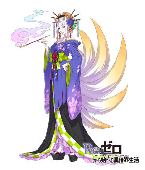  1girl animal_ears bare_shoulders black_sandals blonde_hair blue_eyes breasts cherry_blossom_print collarbone copyright_name eyeliner floral_print flower fox_ears fox_girl fox_tail full_body green_nails green_sash green_trim hair_flower hair_ornament highres holding holding_smoking_pipe japanese_clothes kanzashi kimono kiseru large_breasts long_sidelocks long_sleeves looking_at_viewer makeup multicolored_hair obi off_shoulder official_art okobo ootsuka_shin'ichirou platform_sandals purple_flower purple_kimono re:zero_kara_hajimeru_isekai_seikatsu red_eyeliner sandals sash sidelocks simple_background smoke smoking_pipe socks solo tachi-e tail title white_background white_hair white_socks wide_sleeves yorna_mishigure yuujo 