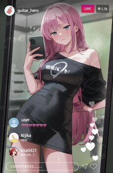 1girl 3girls absurdres arm_behind_back baggy_clothes black_dress black_shirt blush bocchi_the_rock! breasts cellphone commentary covered_navel dress female_pov full-length_mirror gotoh_hitori highres holding holding_phone ijichi_nijika indoors kessoku_band_logo kessoku_band_t-shirt kita_ikuyo large_breasts livestream long_hair meme mirror mirror_selfie multiple_girls no_pants off_shoulder oversized_clothes oversized_shirt pajamas_challenge_(meme) phone pink_hair pov pulling_own_clothes reflection selfie shirt side_ahoge single_bare_shoulder smartphone solo solo_focus untranslatable_commentary t-shirt taking_picture taut_clothes taut_shirt thighs tight_clothes tight_shirt very_long_hair yoi_don 