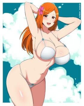  1girl arms_behind_head artist_name bare_shoulders bikini bleach bleach:_epilogue blush border breasts brown_eyes collarbone female_focus flower flower_on_head hair_flower hair_ornament highres inoue_orihime kaos_art large_breasts legs_together long_hair looking_at_viewer mature_female navel official_alternate_costume open_mouth orange_hair patreon_username shiny_skin solo solo_focus standing stomach swimsuit thighs white_bikini white_border 