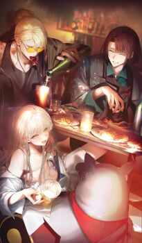  3boys androgynous animal black_hair black_tank_top blonde_hair blue_eyes bottle candle chaldea_boys_collection closed_eyes commentary_request cup dutch_angle eating fate/grand_order fate_(series) food food_request game_cg green_jacket hair_bun holding holding_bottle holding_cup jacket long_hair long_sleeves looking_at_viewer lying male_focus multiple_boys my_kind_of_abduction navel nishikikope noah_(fate) noah_(third_ascension)_(fate) official_art on_side partial_commentary pouring shirt shirt_partially_removed sibuxiang_(fate) single_hair_bun sitting taigong_wang_(fate) tank_top tapir tattoo tezcatlipoca_(fate) third-party_source tinted_eyewear trap white_shirt yellow-tinted_eyewear 