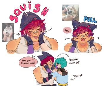  2boys aphelios bandaid bandaid_on_face bandaid_on_nose beanie black_gloves black_nails cheek_pull commentary english_commentary english_text fangs fingerless_gloves gloves green_hair hat headphones headphones_around_neck highres jewelry league_of_legends male_focus mask multiple_boys multiple_views muscular muscular_male necklace red_hair reference_inset sett_(league_of_legends) sharp_teeth short_hair sideburns speech_bubble tank_top teeth tomoesinferno tongue tongue_out undercut white_tank_top yaoi 