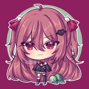  1girl ahoge artist_name asymmetrical_legwear bandaid bandaid_on_knee bandaid_on_leg black_cardigan black_skirt black_socks black_thighhighs broken_heart broken_heart_hair_ornament brown_hair brown_shoes cardigan chibi closed_mouth commentary english_commentary evil_neuro-sama fang full_body genieart hair_between_eyes hair_ornament heart long_hair long_sleeves neuro-sama pink_background red_eyes red_ribbon ribbon shoes simple_background single_sock single_thighhigh skin_fang skirt skull_hair_ornament socks solo thighhighs turtle two_side_up uneven_legwear vedal_ai 