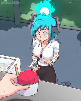  1girl 3: aqua_eyes aqua_hair bandaged_arm bandages black_skirt bra bra_peek breasts bush button_gap coin commentary cup day demon_girl demon_tail dirty dirty_clothes disposable_cup disposable_ice_cream_cup dress_shirt english_commentary eyeball eyes_visible_through_hair food highres horns ice_cream large_breasts original outdoors paperclip pencil_skirt pov pov_hands poverty sad shirt short_hair skirt sleeves_rolled_up solo_focus tail tearing_up third_eye tobias_wheller trembling underwear wing_collar 