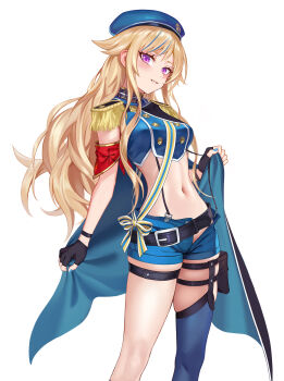  1girl absurdres armband asymmetrical_legwear belt beret black_belt black_gloves blonde_hair blue_hair blue_hat blue_nails blue_shorts blue_thighhighs blush breasts buttons cape cape_hold commentary cowboy_shot crop_top epaulettes fingerless_gloves fingernails gloves hair_flaps hat highres himehina_channel holster long_hair looking_at_viewer medium_breasts midriff multicolored_hair nail_polish navel nose open_clothes open_fly open_shorts pocket purple_eyes red_armband sash shirt short_shorts shorts simple_background single_thighhigh sleeveless sleeveless_shirt smile solo standing stomach streaked_hair suspender_shorts suspenders suspenders_pull suzuki_hina teeth thigh_holster thigh_strap thighhighs thighs untranslatable_commentary virtual_youtuber white_background z.boat 