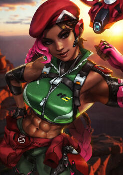  1girl abs absurdres armpits backlighting backpack bag beret braid breasts brown_eyes brown_hair clothes_around_waist dark-skinned_female dark_skin drone dusk earpiece fingerless_gloves gloves green_pants green_tank_top green_vest hat highres long_hair looking_at_viewer makeup mascara medium_breasts midriff monori_rogue multicolored_hair muscular muscular_female navel overwatch pants pink_hair red_hat sierra_(overwatch) single_braid tank_top two-tone_hair very_long_hair vest 