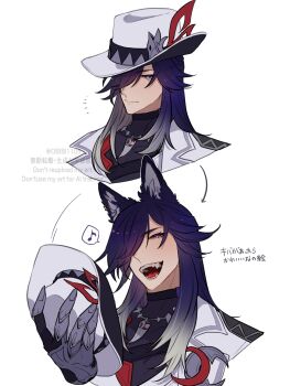  1boy animal_ear_fluff animal_ears ashveil_(honkai:_star_rail) black_hair bright_pupils claws commentary_request crescent crescent_pin fedora gradient_hair grey_eyes hair_over_one_eye hat hat_ornament highres honkai:_star_rail honkai_(series) jacket jewelry kemonomimi_mode lapel_pin long_hair male_focus multicolored_hair necklace obibi1105 open_mouth sharp_teeth teeth tooth_necklace turtleneck watermark white_jacket wolf_ears 