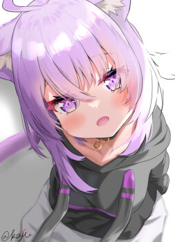  1girl animal_ear_fluff animal_ears black_collar black_hoodie blush cat_ears cat_girl cat_tail collar commentary_request highres hololive hood hoodie kaju_paint looking_at_viewer medium_hair nekomata_okayu nekomata_okayu_(1st_costume) open_mouth pants purple_eyes purple_hair solo tail virtual_youtuber white_pants 