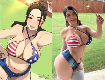 1girl american_flag american_flag_bikini american_flag_print bare_shoulders bikini black_hair breasts bunny_ayumi butcha-u comparison dated denim denim_shorts flag_print flag_print_bikini highleg highres large_breasts long_hair looking_at_viewer navel outdoors photo_inset print_bikini real_life shorts smile swimsuit thick_thighs thighs  rating:Sensitive score:83 user:Archer95