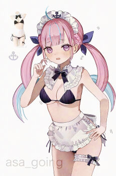  1girl @_@ absurdres ahoge alternate_costume anchor_print anchor_symbol apron artist_name asa_going bikini black_bikini black_bow black_bowtie blue_ribbon blue_streaks blush bow bowtie braid breasts cleavage commentary_request cowboy_shot flustered flying_sweatdrops frilled_apron frilled_thigh_strap frills hair_ribbon hand_on_own_hip hand_up highres hololive long_hair looking_at_viewer maid maid_headdress medium_breasts minato_aqua multicolored_hair open_mouth parted_bangs photo_inset pink_eyes pink_hair reference_inset ribbon small_sweatdrop solo streaked_hair swimsuit thigh_strap twintails unconventional_maid virtual_youtuber waist_apron white_background 