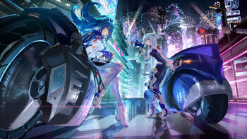  2girls 7gao bili_girl_22 bili_girl_33 bilibili blue_hair bodysuit building city fireworks megaphone motor_vehicle multiple_girls neon_lights night road road_sign second-party_source sign sitting street traffic_light 