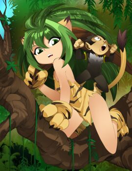  1girl animal_ears animal_hands animal_print ape boomerang cat_ears cat_girl cat_paws cat_tail cham_cham green_eyes green_hair jungle loli nature paku_paku plant revealing_clothes samurai_shodown samurai_spirits snk tail tree vines vinson_ngo  rating:Questionable score:12 user:DestPrince
