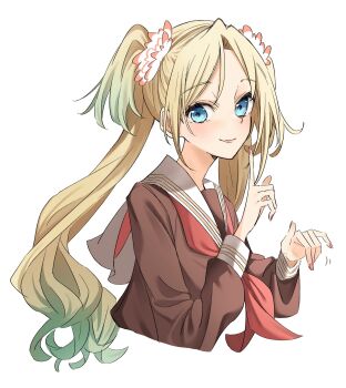  1girl aqua_hair beckoning bien_(djpwjd1) blonde_hair blue_eyes brown_dress closed_mouth cropped_torso curled_fingers curtained_hair dress fang finger_to_mouth flower gradient_hair hair_flower hair_ornament hands_up hasu_no_sora_school_uniform highres light_blush link!_like!_love_live! long_sleeves looking_at_viewer love_live! motion_lines multicolored_hair neckerchief osawa_rurino parted_bangs pink_flower red_neckerchief sailor_collar sailor_dress school_uniform shushing simple_background skin_fang smile solo virtual_youtuber white_background white_sailor_collar winter_uniform 