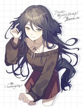  1girl animal_ears bare_shoulders black_hair black_tail blush bone_necklace breasts casual closed_mouth collarbone commentary cropped_legs dog_ears dog_girl dog_tail drop_shadow grid_background hair_between_eyes hand_up highres hoshino_ichika_(project_sekai) jewelry kikutouji leaning_forward long_hair long_sleeves looking_at_viewer necklace off-shoulder_sweater off_shoulder project_sekai red_skirt sidelocks simple_background skirt small_breasts smile solo sweater tail translation_request tsurime twitter_username 