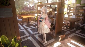  1girl absurdres blue_eyes book bookshelf bookstore cafe capelet chair chalkboard choker collar day dress english_text fashion fence flower flower_ornament flower_symbol full_body grey_hair hanging_light highres holding holding_book indoors lamp leaf long_hair looking_at_viewer official_art original pantyhose pink_capelet pink_flower red_flower reisen13 shadow shoes shop smile solo standing strapless strapless_dress sunlight table tile_floor tile_wall tiles vase white_hair white_pantyhose white_shoes window wooden_wall 