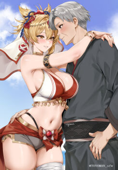  1boy 1girl armlet arms_around_neck artist_name bandaged_leg bandages blonde_hair bracelet breasts brown_eyes cleavage commentary_request commission day eye_contact father_and_daughter genshin_impact grey_hair hair_between_eyes hair_ornament highleg highleg_panties highres japanese_clothes jewelry looking_at_another looking_at_viewer naganohara_ryuunosuke navel outdoors panties pixiv_commission smile standing toyoman underwear yellow_eyes yoimiya_(genshin_impact) 