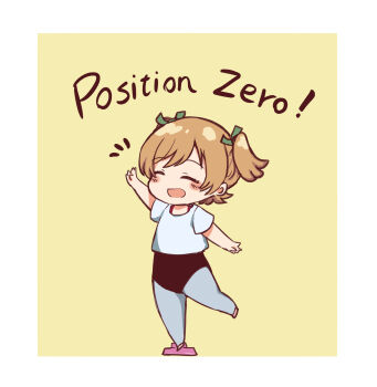  :d arm_up ballet ballet_class_clothes black_leotard blonde_hair blush_stickers border catchphrase chibi chibi_only chinese_commentary closed_eyes commentary commentary_request daiba_nana english_commentary english_text facing_ahead full_body green_ribbon grey_leggings hair_ribbon highres leg_up leggings leotard mabing mixed-language_commentary notice_lines open_mouth parted_bangs ribbon shirt short_hair short_sleeves shoujo_kageki_revue_starlight simple_background smile solo spike_(stagecraft) standing standing_on_one_leg two_side_up white_border white_shirt yellow_background 