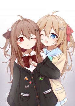  2girls aqua_bow aqua_bowtie black_cardigan black_skirt blue_eyes bow bowtie broken_heart broken_heart_hair_ornament brown_hair cardigan closed_mouth commentary_request dress_shirt evil_neuro-sama hair_between_eyes hair_ornament hair_ribbon heart heart_hair_ornament highres long_hair long_sleeves maomao_bohejiang_uu multiple_girls neuro-sama open_mouth original red_eyes red_ribbon ribbon sailor_collar shirt simple_background skirt sleeves_past_wrists torn_hair_ribbon virtual_youtuber white_shirt yellow_cardigan 