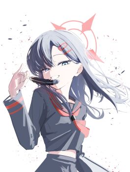  1girl :d absurdres black_hair black_sailor_collar black_serafuku blue_archive blue_eyes commentary cropped_shirt falling_feathers feathers floating_hair hair_between_eyes hair_ornament hairclip halo highres holding holding_feather ichika_(blue_archive) kayokolove3_17 long_hair looking_at_viewer neckerchief open_mouth red_halo red_neckerchief sailor_collar school_uniform serafuku smile solo teeth unusually_open_eyes white_background 