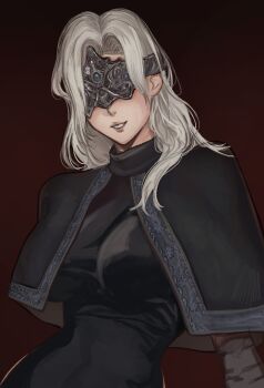  1girl blindfold_mask blonde_hair breasts cape capelet cloak closed_mouth covered_eyes dark_souls_(series) dark_souls_iii dress fire_keeper highres jewelry kkghost_tv long_hair mask necklace simple_background smile solo upper_body 