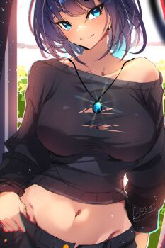  1girl alternate_costume blue_eyes blue_hair breasts cowboy_shot denim fanged_bangs groin hair_intakes highres hololive hololive_english jeans jewelry large_breasts long_sleeves looking_at_viewer midriff navel open_fly ouro_kronii pants pendant shirt short_hair smile solo the0neulost torn_clothes torn_shirt virtual_youtuber 