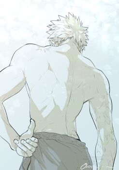  1boy bakugou_katsuki boku_no_hero_academia cowboy_shot from_behind highres male_focus multiple_scars oroshi_mi pants scar scar_on_arm scar_on_shoulder short_hair solo spiked_hair toned toned_male topless_male watermark white_background 