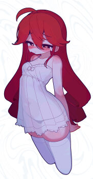  1girl absurdres ahoge alternate_hairstyle arms_behind_back banananosongen bare_shoulders blush bow breasts cleavage closed_mouth collarbone commentary cropped_legs dress english_commentary hair_between_eyes heart heart-shaped_pupils highres kasane_teto kasane_teto_(utau) long_hair looking_at_viewer panties panties_visible_through_clothes red_eyes red_hair see-through_clothes see-through_dress skindentation small_breasts solo sweat symbol-shaped_pupils thighhighs thighs twintails underwear utau white_background white_bow white_dress white_thighhighs 