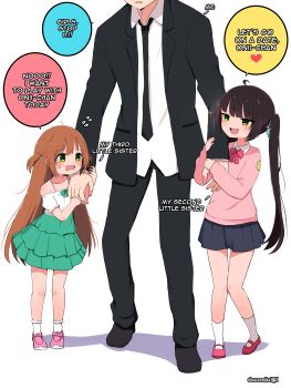  :d absurdres ahoge aqua_ribbon arm_hug bare_shoulders black_hair black_jacket black_necktie black_pants black_shoes black_skirt bow bowtie brother_and_sister brown_hair commentary eleazarmikai english_commentary english_text engrish_commentary fang flying_sweatdrops green_bow green_skirt hair_ribbon heart high-waist_skirt highres jacket long_hair long_sleeves necktie onii-chan_(eleazarmikai) open_mouth original pants patch pink_shirt pink_shoes red_bow red_bowtie red_shoes ribbon shadow shirt shoes siblings simple_background sisters skin_fang skirt smile socks spaghetti_strap spoken_heart twitter_username two_side_up white_background white_shirt white_socks 