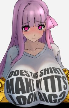  1girl absurdres blush breasts claw_(weapon) clothes_writing commentary english_text fate/extra fate/extra_ccc fate_(series) hair_ribbon highres huge_breasts light_frown long_hair passionlip_(fate) pink_eyes pink_ribbon purple_hair raskasar ribbon shirt solo t-shirt upper_body weapon white_shirt  rating:Sensitive score:33 user:danbooru