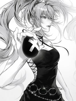  1girl bare_shoulders belly_chain breasts character_request check_character check_copyright collarbone commentary_request copyright_request cowboy_shot dang0_23 dress egg eyelashes fingernails hair_between_eyes hair_over_one_eye hand_up highres holding holding_egg hoshina_utau jewelry korean_commentary lips long_hair looking_to_the_side nose parted_lips shugo_chara! sidelocks simple_background small_breasts solo sparkle twintails very_long_hair white_background 