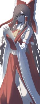  1girl 7saki :d ascot bare_shoulders bow breasts brown_eyes brown_hair collared_vest commentary_request cowboy_shot cropped_vest detached_sleeves frilled_bow frills hair_bow hair_tubes hakurei_reimu hands_up highres huge_bow large_breasts long_hair long_skirt long_sleeves looking_at_viewer midriff navel open_mouth own_hands_together red_bow red_skirt red_vest simple_background sketch skirt skirt_set smile solo standing touhou unfinished vest white_sleeves wide_hips yellow_ascot 